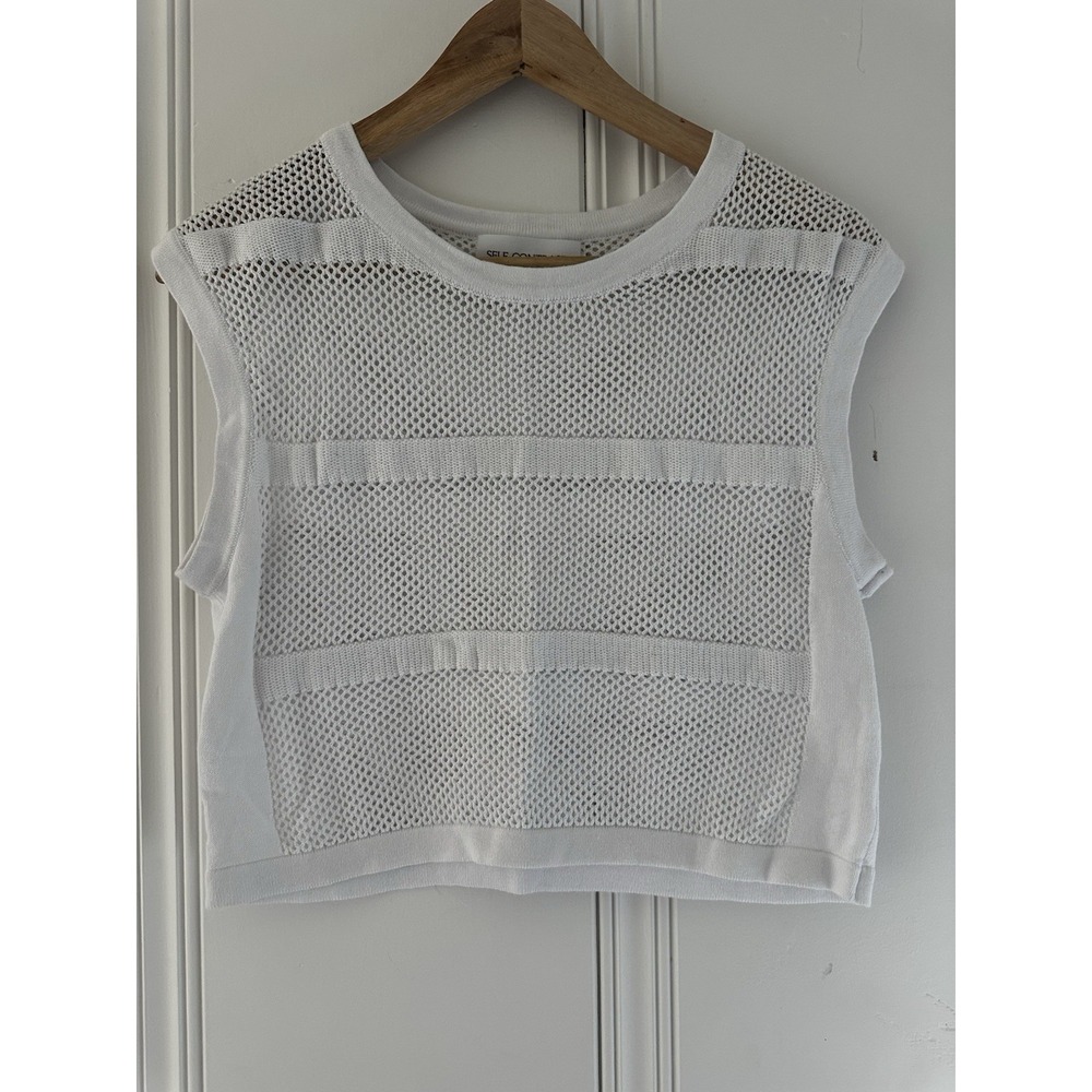 Self Contrast Mesh Knit Crop Top Womens Medium White Cotton Open Knit Sweater